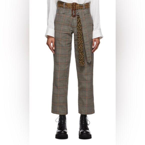 R13 Women's Plaid Cropped Pants with Leopard Belt - Picture 1 of 13